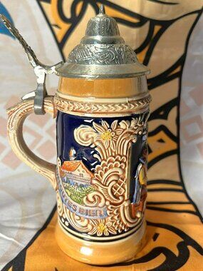 Vintage Gerz West Germany Lidded Beer Stein – Relief German Tavern Scene – Pewte
